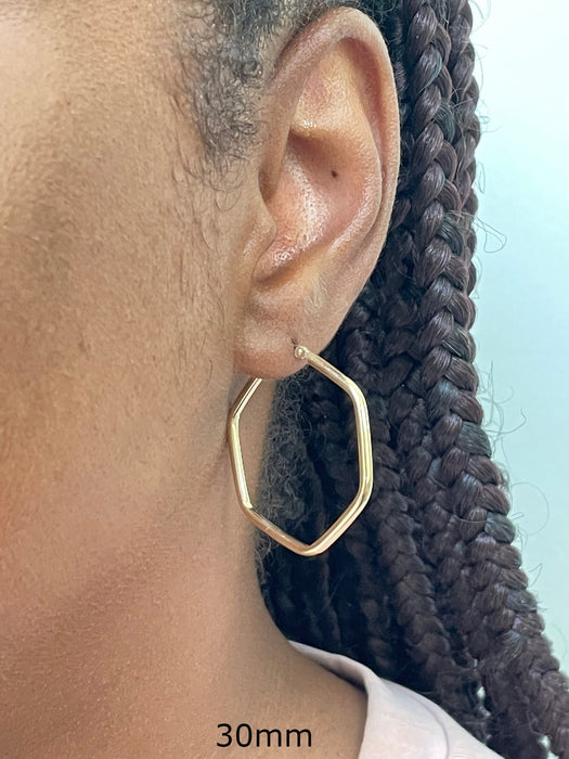 14K Gold Hexagon Shaped Hoop Earrings, 2mm Thick (20-30mm) - LooptyHoops