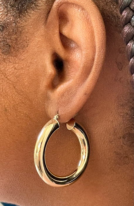 14K Yellow Gold Thick Tube Hoop Earrings with Click-Down Clasp, (6mm Tube) 35mm - LooptyHoops