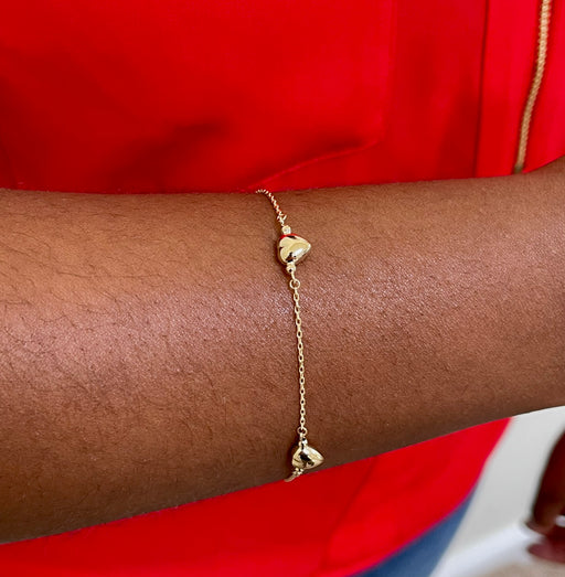 14k Yellow Gold Puffed Hearts Bracelet - LooptyHoops