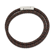 Stainless Steel Polished Brown/Black Leather Braided 15.75in Wrap Bracelet - LooptyHoops