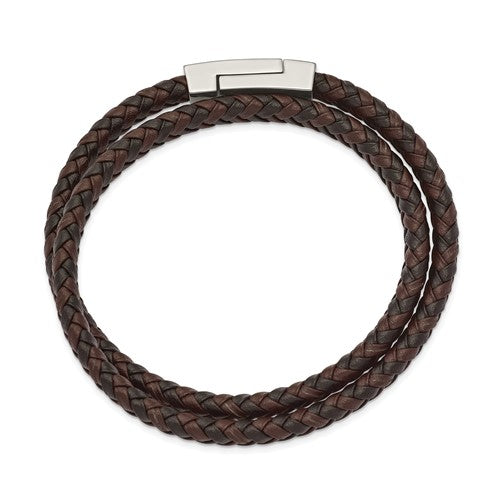 Stainless Steel Polished Brown/Black Leather Braided 15.75in Wrap Bracelet - LooptyHoops