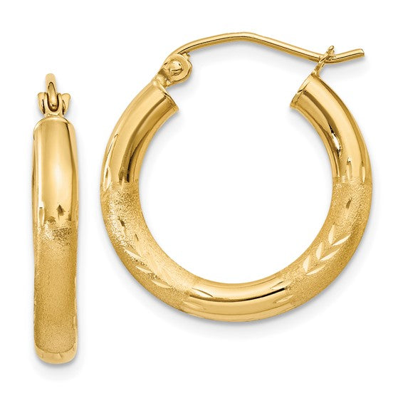 14k Yellow Gold Satin & Diamond Cut Hoop Earrings (3mm), 20mm - LooptyHoops
