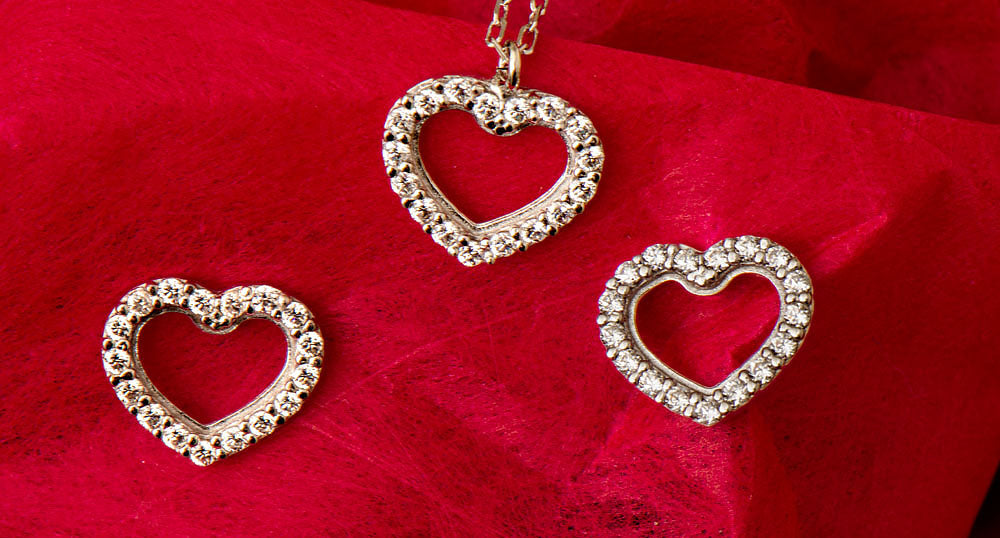 14k White Gold Tiny CZ Heart Stud Earrings & Matching Pendant w/18-Inch Necklace (Gift Set) - LooptyHoops