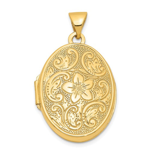 14K Yellow Gold Scrolled Floral Oval Locket Pendant, 23mm x 21mm - LooptyHoops