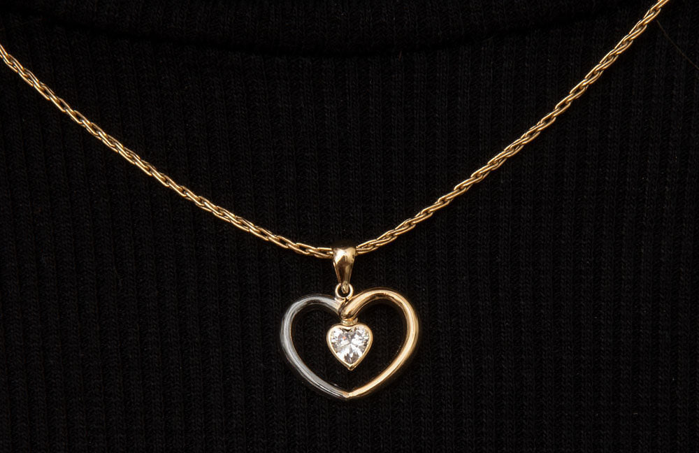 14k Yellow and White Gold CZ Heart Pendant - LooptyHoops