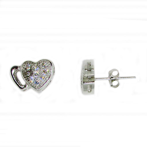Sterling Silver CZ Textured Double Heart Stud Earrings (9mm) - LooptyHoops