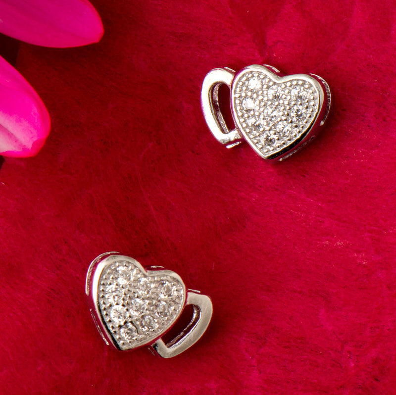 Sterling Silver CZ Textured Double Heart Stud Earrings (9mm) - LooptyHoops