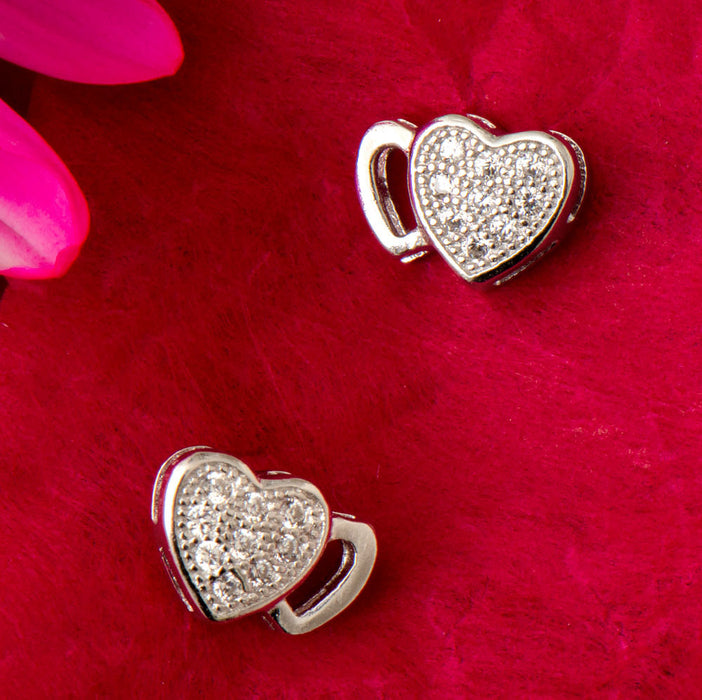 Sterling Silver CZ Textured Double Heart Stud Earrings (9mm) - LooptyHoops