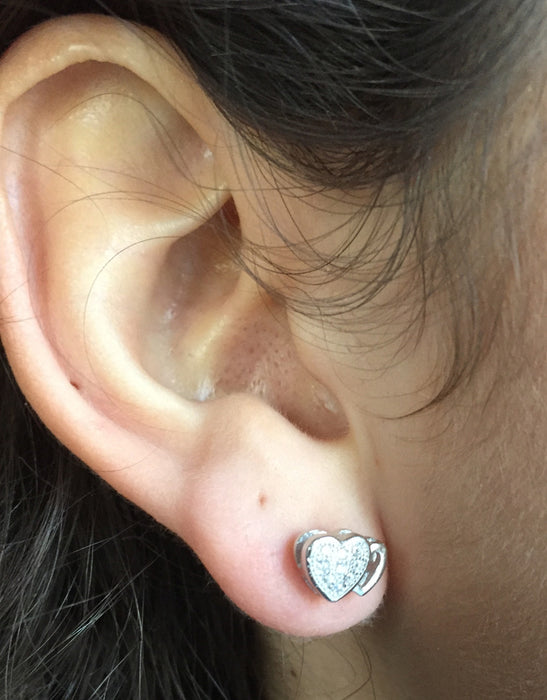 Sterling Silver CZ Textured Double Heart Stud Earrings (9mm) - LooptyHoops