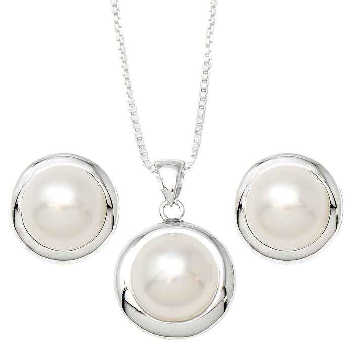Your Choice: Sterling Silver Classic Freshwater Pearl Stud Earrings - OR - Matching Freshwater Pearl Pendant & Necklace - OR – Gift Set of All Three - LooptyHoops