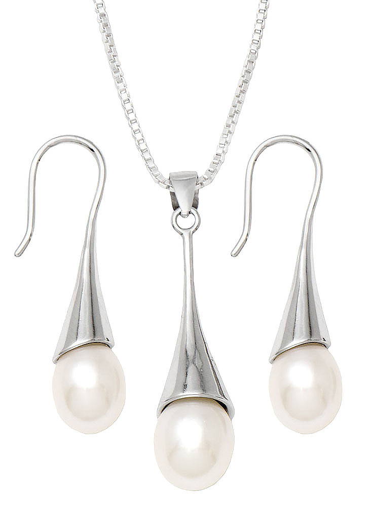Your Choice: Sterling Silver Freshwater Pearl Hook-Backed Teardrop Drop Earrings - OR - Matching Freshwater Pearl Pendant & Necklace - OR – Gift Set of All Three - LooptyHoops