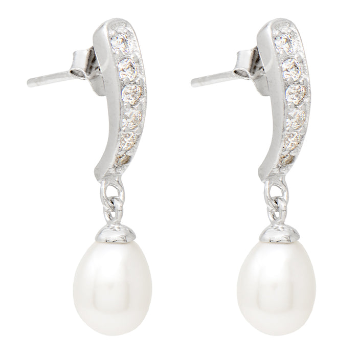 Sterling Silver CZ & Freshwater Pearl Curved Dangle Earrings, 19mm - LooptyHoops