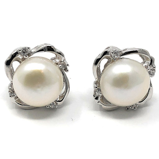 Sterling Silver Freshwater Pearl & CZ Swirl Stud Earrings, 13mm - LooptyHoops
