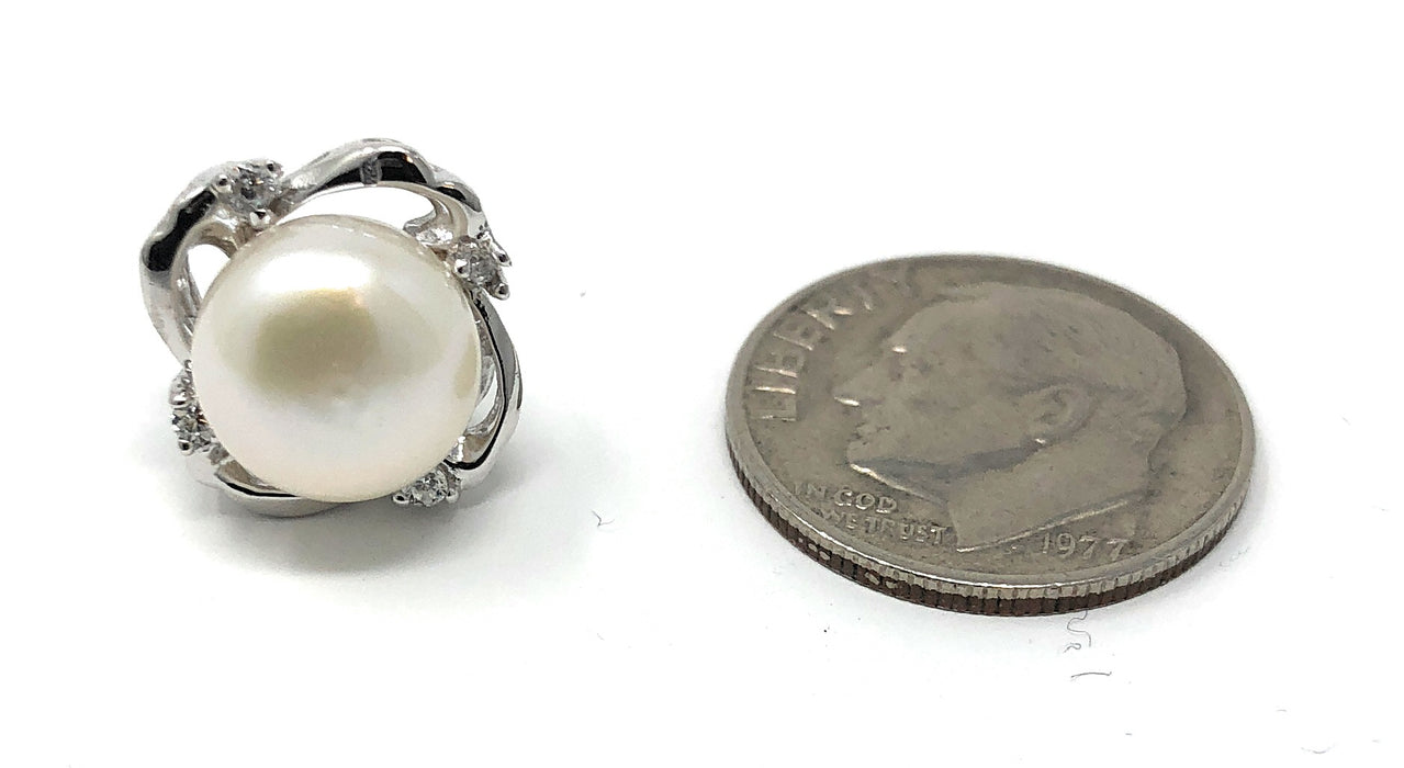 Sterling Silver Freshwater Pearl & CZ Swirl Stud Earrings, 13mm - LooptyHoops