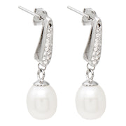 Sterling Silver CZ & Freshwater Pearl Curved Dangle Earrings, 19mm - LooptyHoops