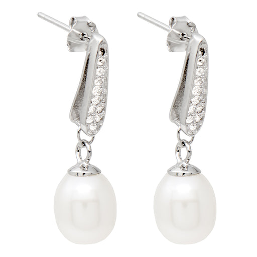 Sterling Silver CZ & Freshwater Pearl Curved Dangle Earrings, 19mm - LooptyHoops