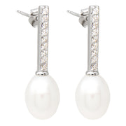 Sterling Silver CZ & Freshwater Pearl Drop Earrings, 20mm - LooptyHoops