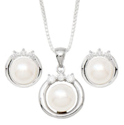 Your Choice: Sterling Silver CZ Freshwater Pearl Stud Earrings - OR - Matching Freshwater Pearl Pendant & Necklace - OR - Gift Set of All Three - LooptyHoops