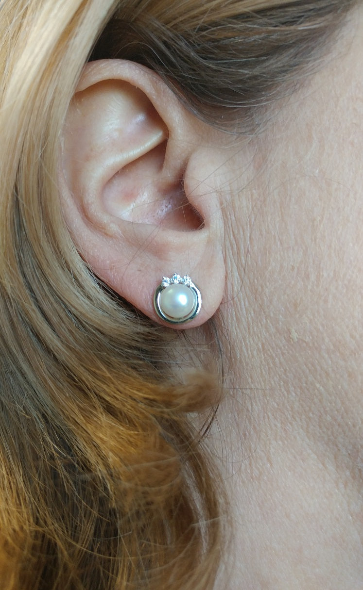 Your Choice: Sterling Silver CZ Freshwater Pearl Stud Earrings - OR - Matching Freshwater Pearl Pendant & Necklace - OR - Gift Set of All Three - LooptyHoops
