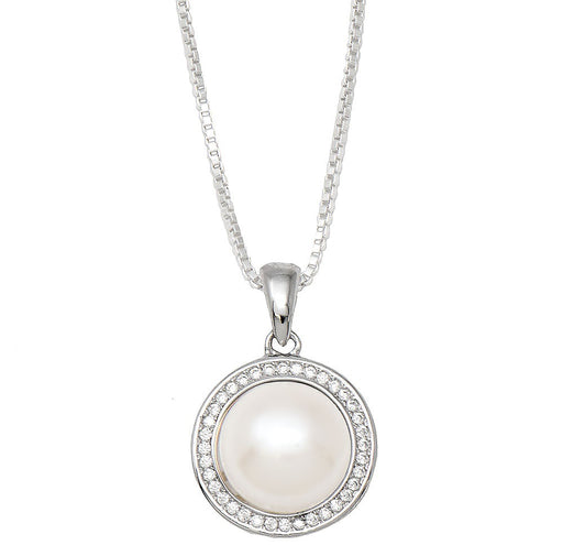 Your Choice: Sterling Silver CZ Halo Freshwater Pearl Stud Earrings - OR - Matching Freshwater Pearl Pendant & Necklace - OR – Gift Set of All Three - LooptyHoops