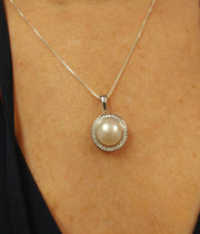 Your Choice: Sterling Silver CZ Halo Freshwater Pearl Stud Earrings - OR - Matching Freshwater Pearl Pendant & Necklace - OR – Gift Set of All Three - LooptyHoops