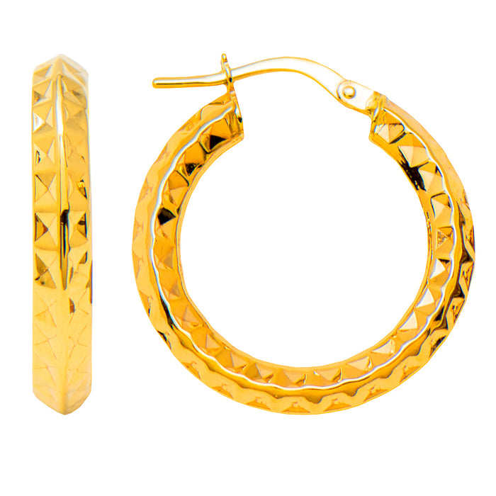 14k Gold Small Knife-Edged Sparkly Diamond Cut Hoop Earrings (3mm Thick), 15mm - LooptyHoops