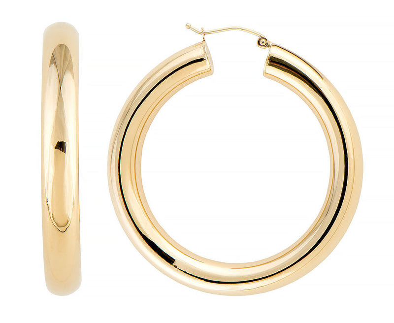 14K Yellow Gold Thick Tube Hoop Earrings with Click-Down Clasp, (6mm Tube) - LooptyHoops