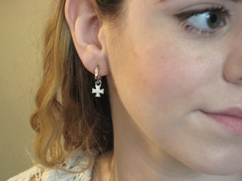 18K White Gold Diamond Maltese Cross Earring Charms - LooptyHoops