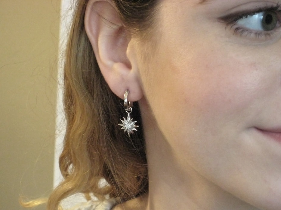 18K White Gold Diamond Starburst Earring Charms - LooptyHoops