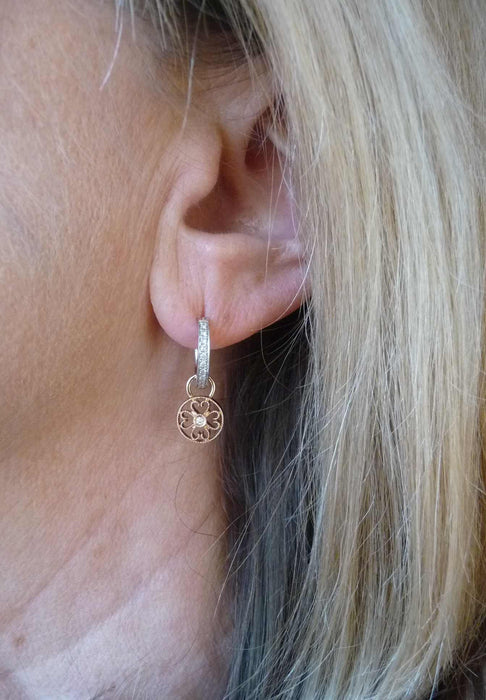 18K Rose Gold Diamond Filigree Disc Earring Charms - LooptyHoops