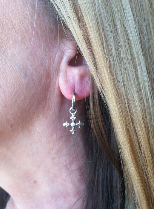 Sterling Silver Diamond Cross Fleury Earring Charms - LooptyHoops