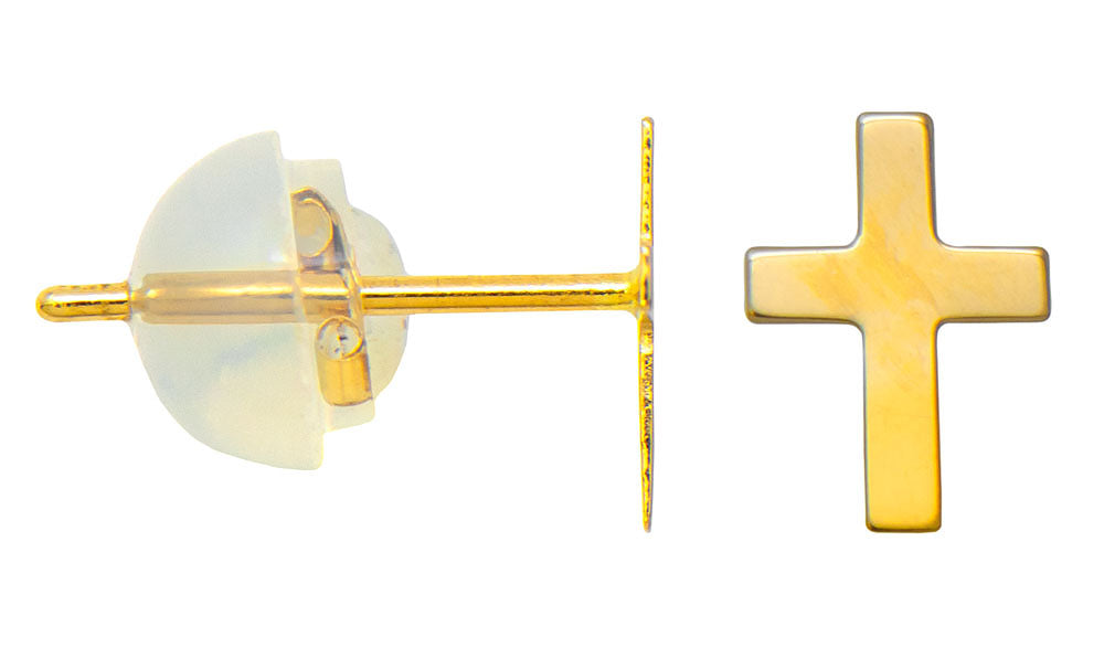 Tiny 14K Yellow Gold Children's Cross Stud Earrings, 15mm x 6mm - LooptyHoops