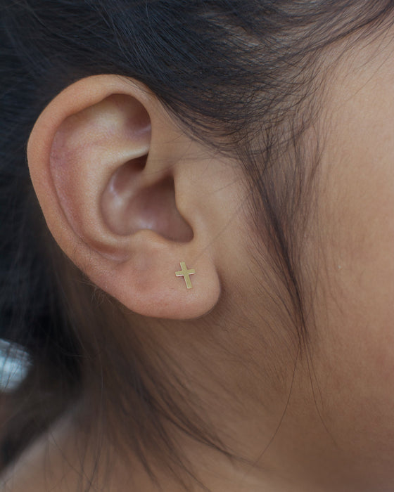 Tiny 14K Yellow Gold Children's Cross Stud Earrings, 15mm x 6mm - LooptyHoops