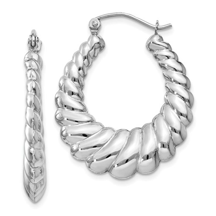 14k White Gold Eloquent Scalloped Oval Hoop Earrings - LooptyHoops