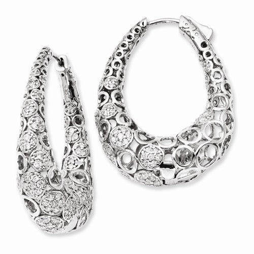 Sterling Silver Patterned Oval CZ Hinged Hoop Earrings, All Sizes - LooptyHoops