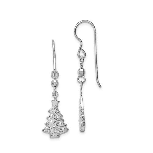 Sterling Silver Rhodium-Plated Christmas Tree Dangle Earrings, 42mm - LooptyHoops