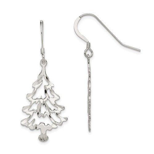 Sterling Silver Diamond-Cut Christmas Tree Dangling Earrings, 45mm - LooptyHoops