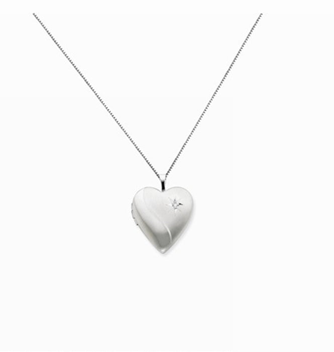 Sterling Silver Rhodium-Plated 20mm Diamond Heart Locket Pendant Necklace, w/18-Inch Chain - LooptyHoops