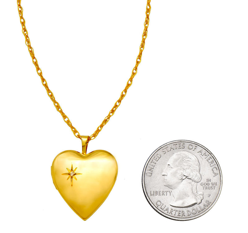 14K Yellow Gold-Filled Diamond 20mm Heart Locket Pendant Necklace, w/18-Inch Chain - LooptyHoops