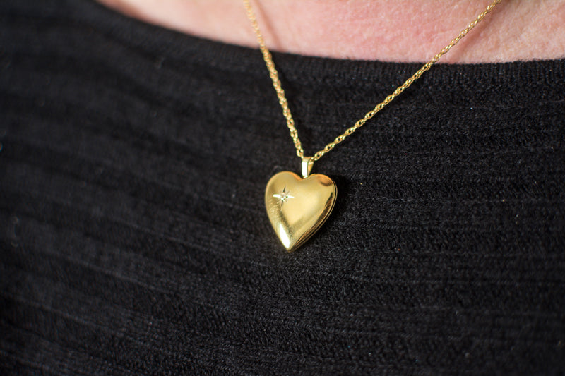 14K Yellow Gold-Filled Diamond 20mm Heart Locket Pendant Necklace, w/18-Inch Chain - LooptyHoops