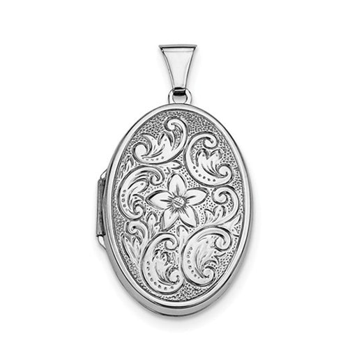 Sterling Silver Rhodium-Plated Etched Oval Locket Pendant, 33mm x 22mm - LooptyHoops