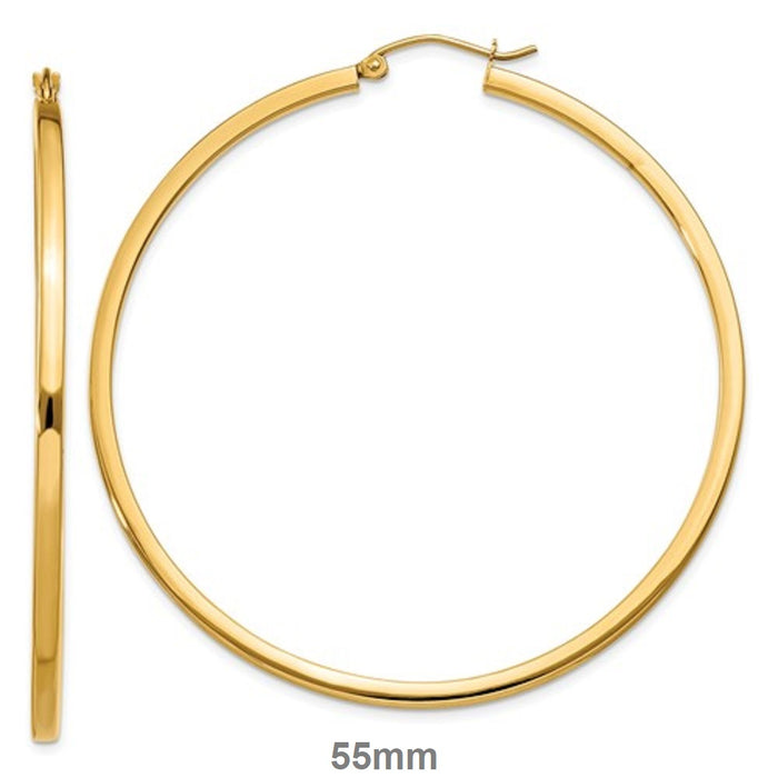 14k Yellow Gold Square Tube Hoop Earrings (2mm), All Sizes - LooptyHoops