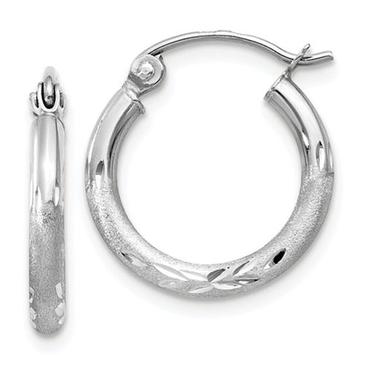 14k White Gold Satin Finish Diamond Cut Hoop Earrings (2mm), All Sizes - LooptyHoops