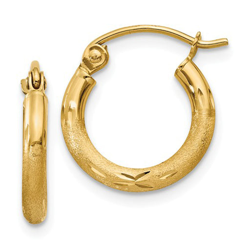 14k Yellow Gold Satin & Diamond Cut Hoop Earrings (2mm), All Sizes - LooptyHoops
