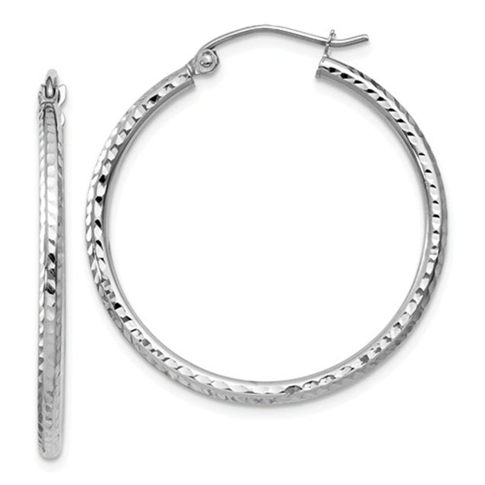 14k White Gold Diamond Cut Hoop Earrings (2mm), All Sizes - LooptyHoops