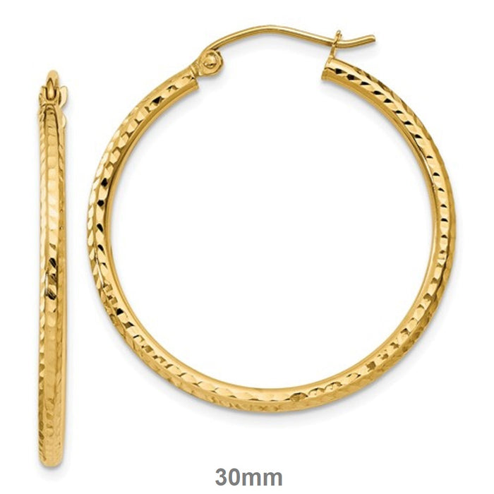 14k Yellow Gold Diamond Cut Click-down Hoop Earrings (2mm), All Sizes - LooptyHoops