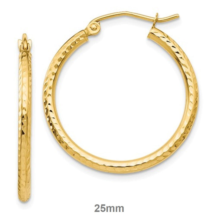 14k Yellow Gold Diamond Cut Click-down Hoop Earrings (2mm), All Sizes - LooptyHoops