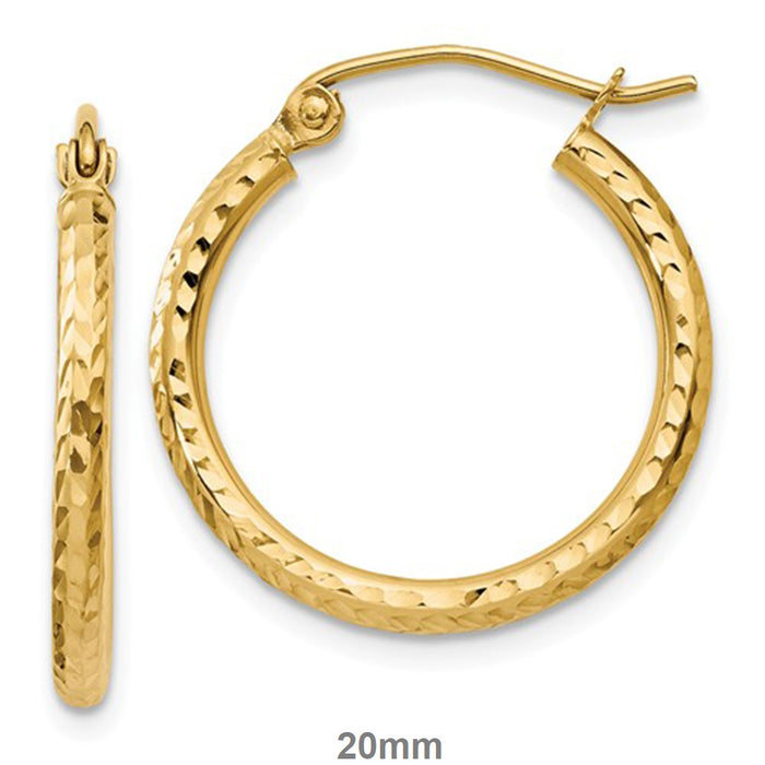 14k Yellow Gold Diamond Cut Click-down Hoop Earrings (2mm), All Sizes - LooptyHoops