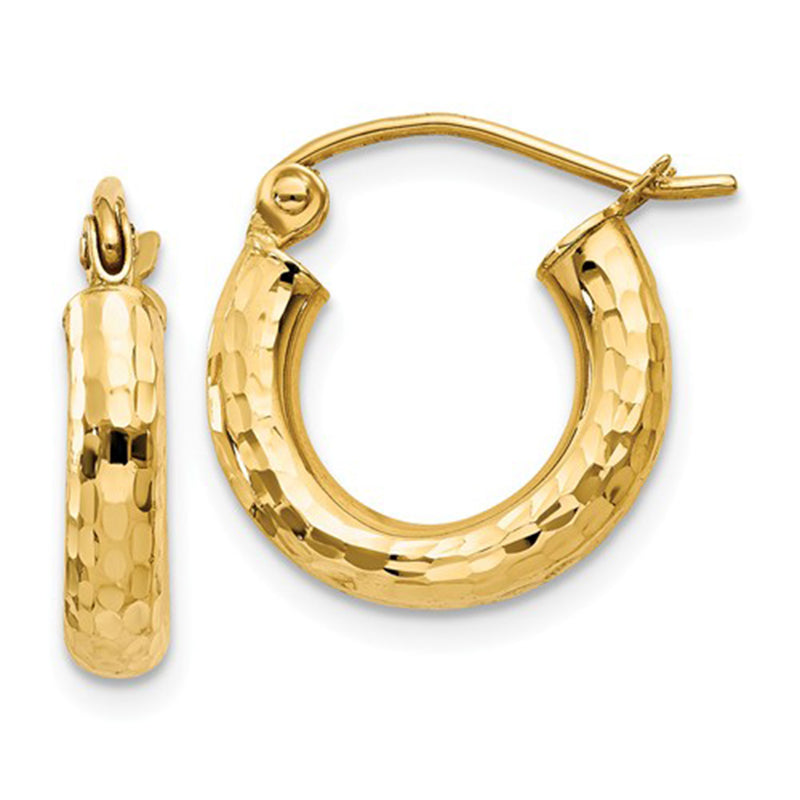 14k Yellow Gold Diamond Cut Hoop Earrings with a Click-Down Clasp (3mm), All Sizes - LooptyHoops