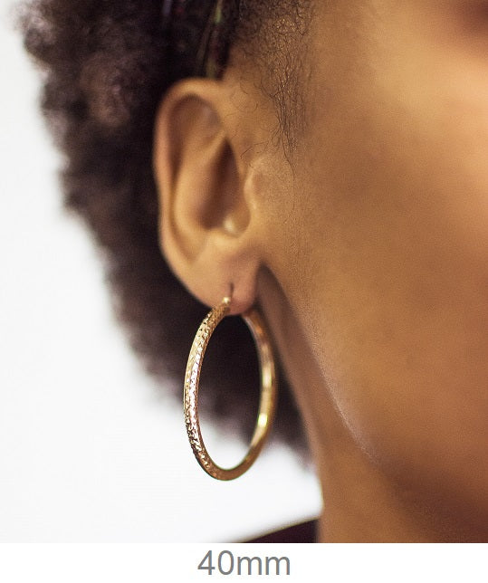 14k Yellow Gold Diamond Cut Hoop Earrings with a Click-Down Clasp (3mm), All Sizes - LooptyHoops